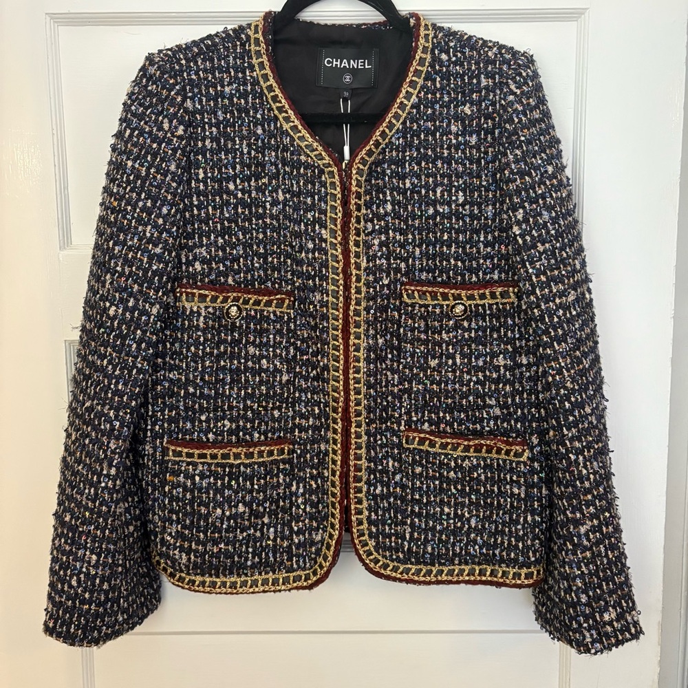 Tweed jacket with metallic sequins and leather trim